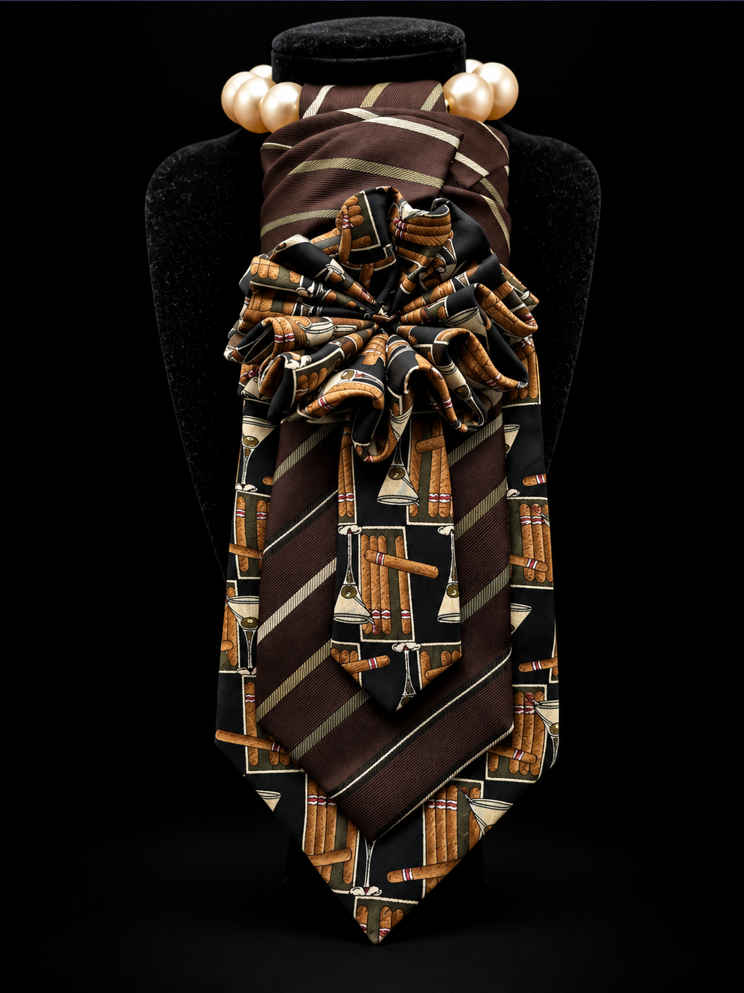 Brown striped and cigar-print neckpiece with pearl accents