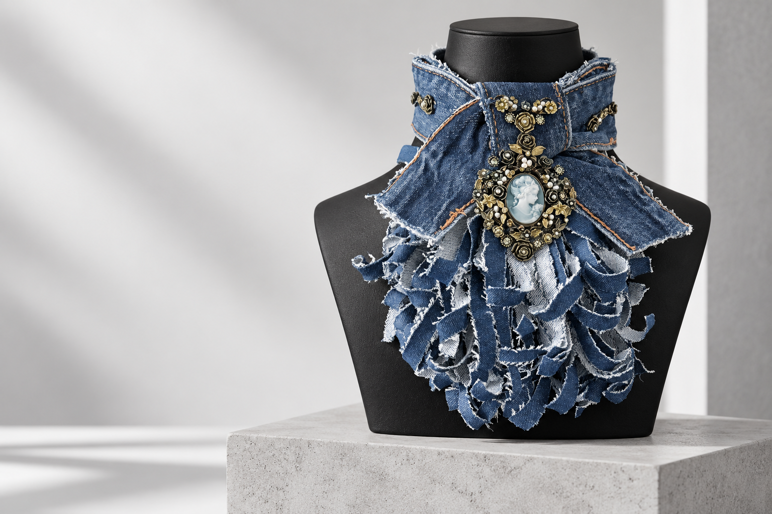 Denim cameo Tied in Power neckpiece displayed on a black sculptural form