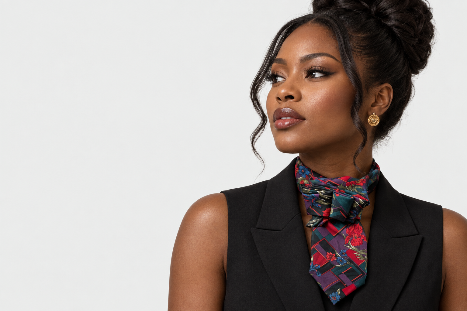 Woman wearing a compact floral Tied in Power neckpiece